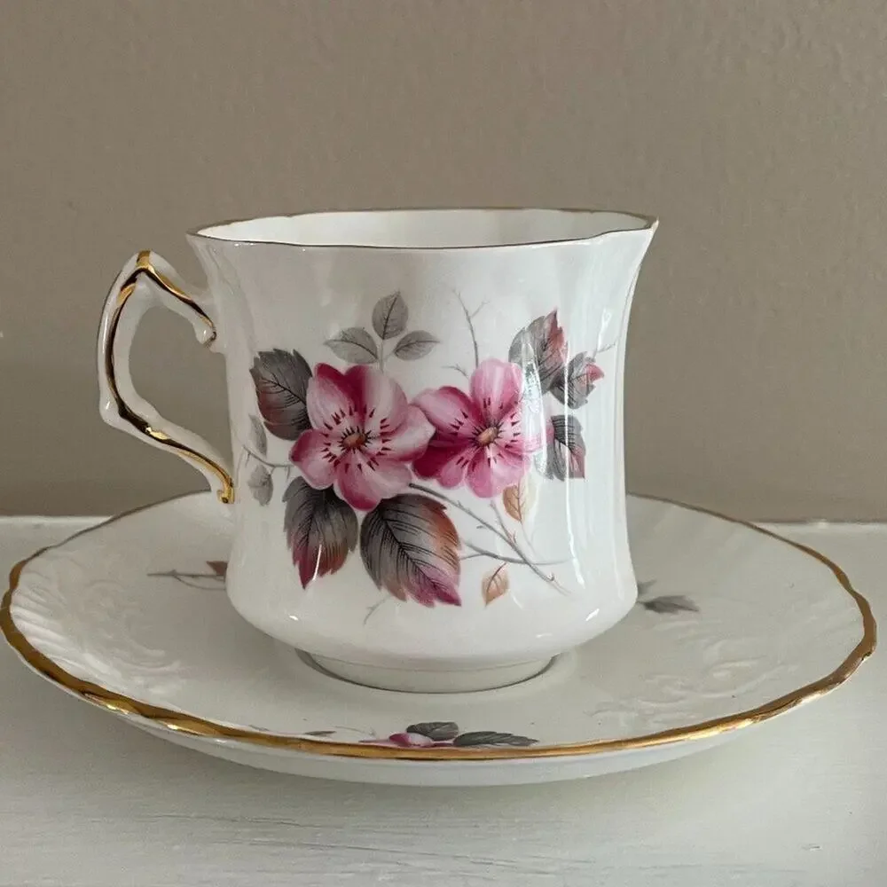 VTG Hammersley, Spode, Fine Bone China Teacup & Saucer, Floral, Pink, Gray